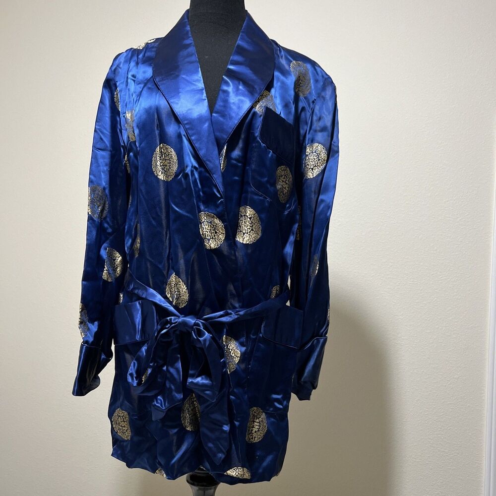 VTG ORIENTAL Silk Short Kimono Duster Jacket Loose Robe Royal Blue Belt EU 44